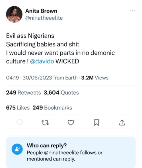 Report her account for insulting Nigerians - Twitter user rally Nigerians against Davido's alleged babymama Anita Brown. AdvertAfrica News on afronewswire.com: Amplifying Africa's Voice | afronewswire.com | Breaking News & Stories