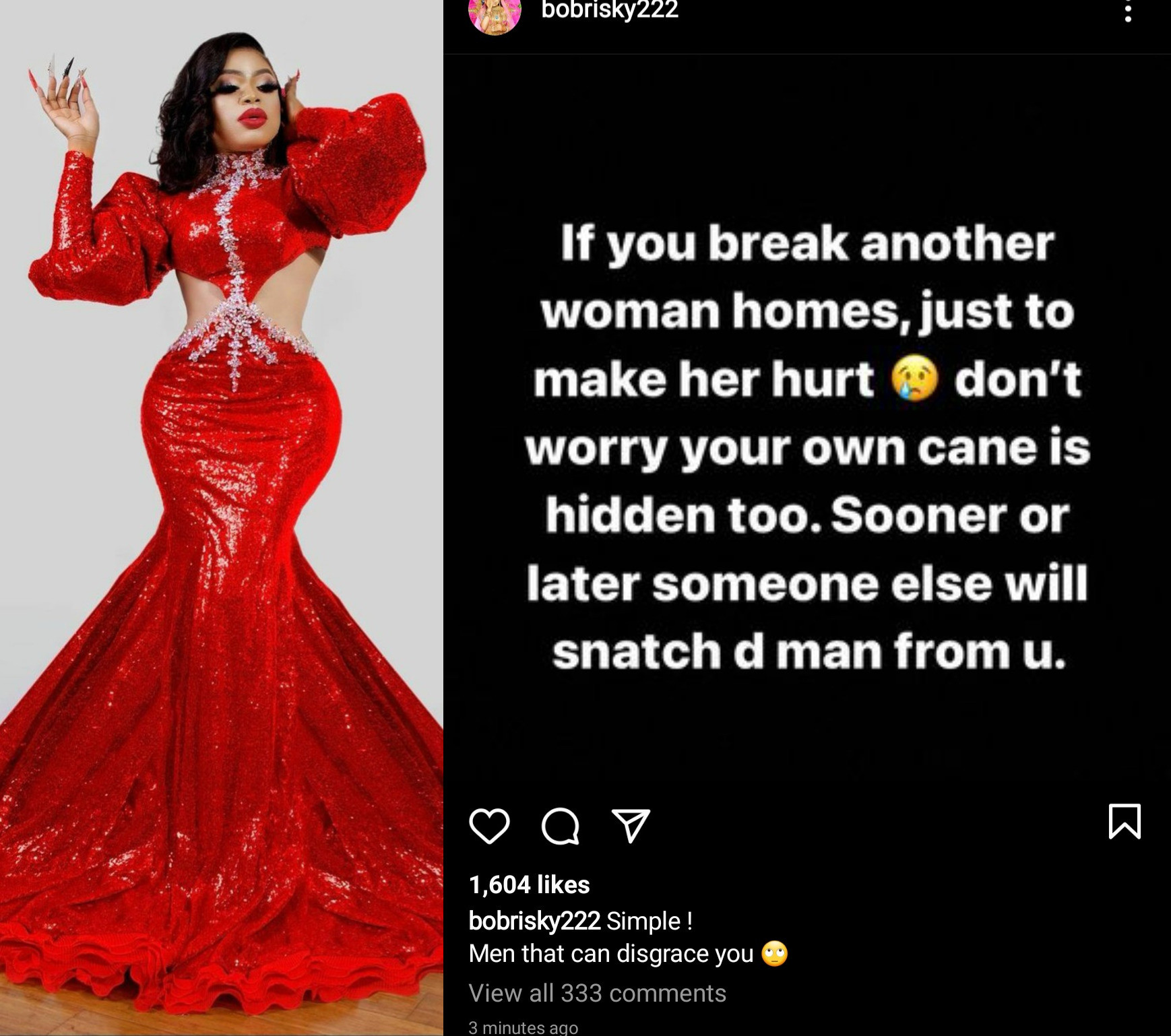 If you break another woman's home, sooner or later someone else will snatch the man from you," Bobrisky warns Afro News Wire