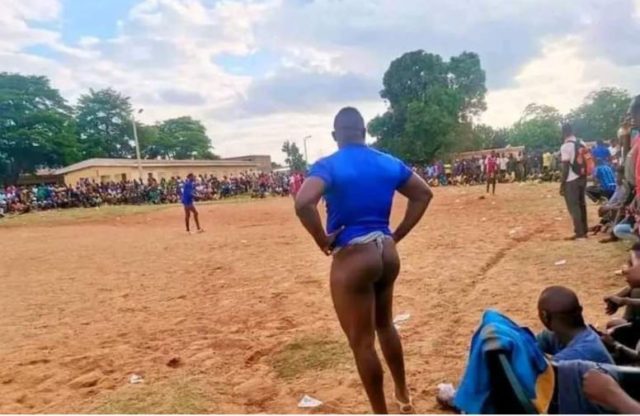 Men display their bums while playing football. Afro News Wire