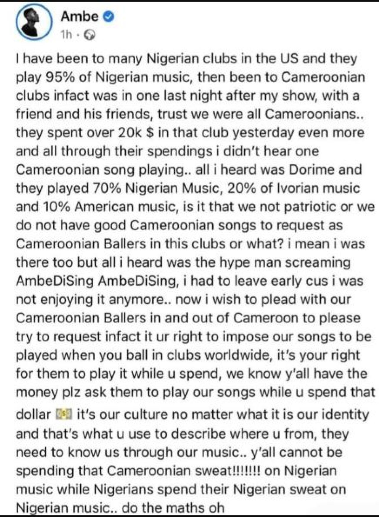Cameroonian musician AmbeDiSing, criticize his countrymen for playing more of Nigerian music. Afro News Wire
