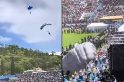 Watch moment paratroopers miss target and crash lands on spectators at Uganda's 60th Independence Day celebration. Afro News Wire