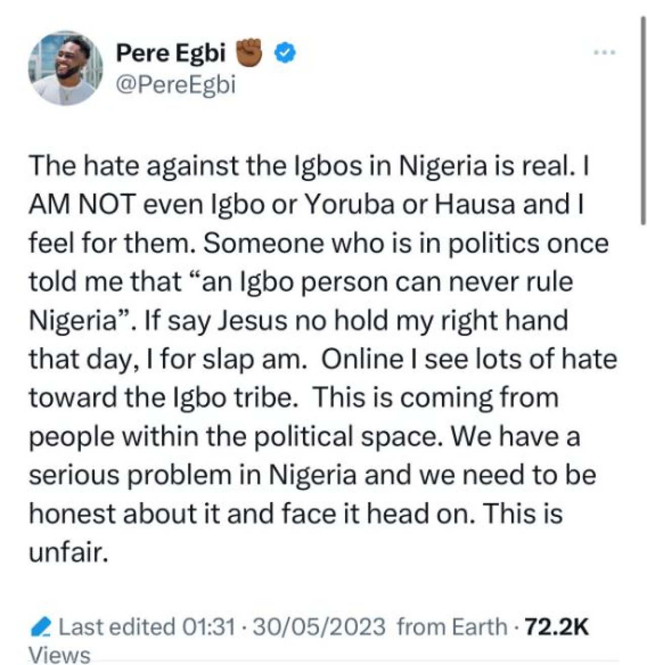 The Igbo people are hated in Nigeria. Reality TV personality Pere writes Afro News Wire