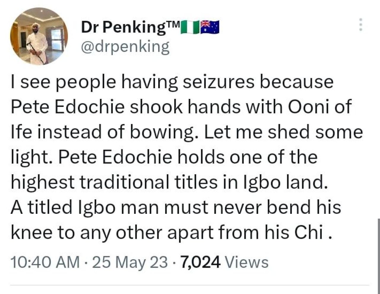 Pete Edochie's handshake with the Yoruba king spark debate. Afro News Wire