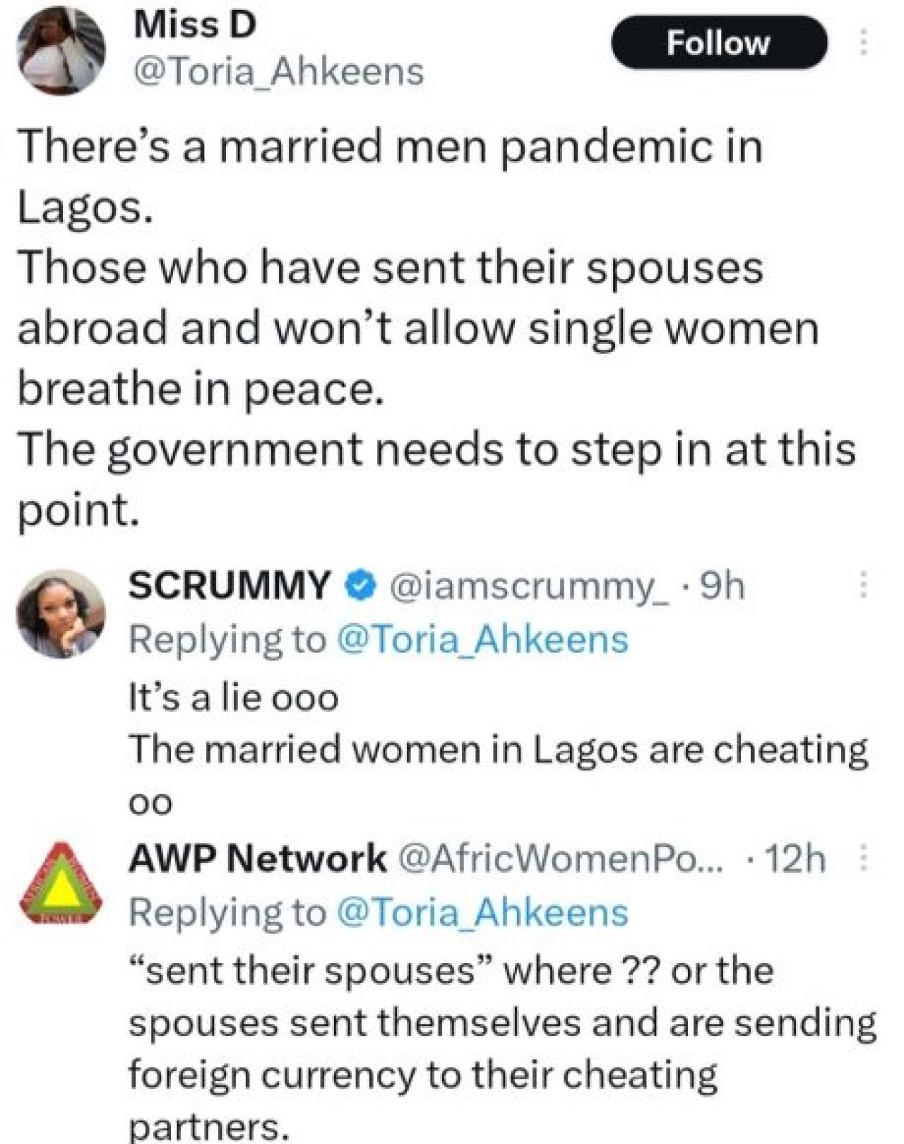 Twitter user raises concern over the activities of married men who have sent their wives abroad. Afro News Wire