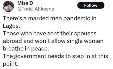 Twitter user raises concern over the activities of married men who have sent their wives abroad. Afro News Wire