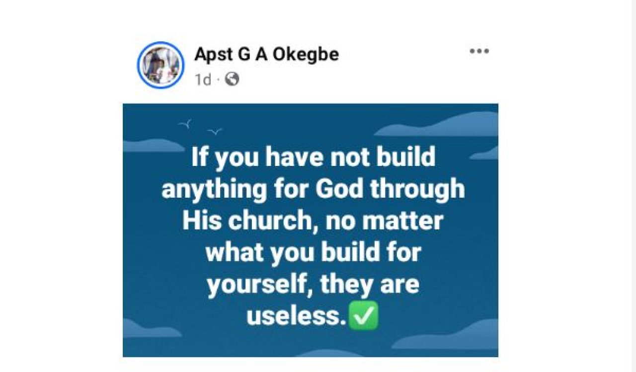 "Anything you build is useless, until you build for God through his church" - Nigerian Pastor Afro News Wire
